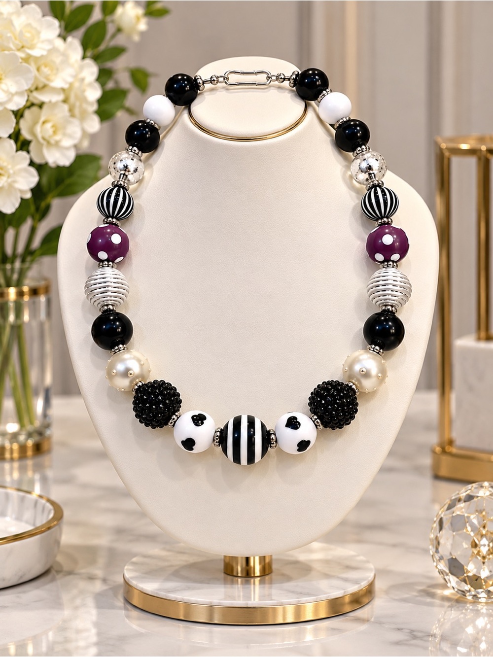 Black, White & Purple Bead Statement Necklace by